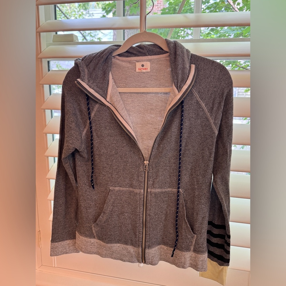 SUNDRY Gray Zip-Up Hoodie with Striped Sleeve